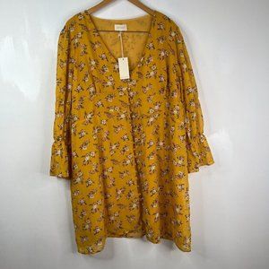 Mello' Day Dress Womens Sz 3X Mustard Yellow Multi Floral V-Neck Long Sleeve New